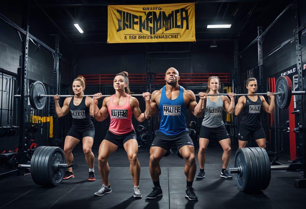 A dynamic scene of a diverse group of powerlifters in an energetic gym, showcasing various weightlifting techniques, with intense expressions of focus and determination. Include motivational banners on the gym walls that highlight strength and commitment. Use vibrant colors to convey energy and movement throughout the image. Capture the essence of teamwork and support among athletes in this powerful environment. super-realistic. vibrant colors. energetic atmosphere.