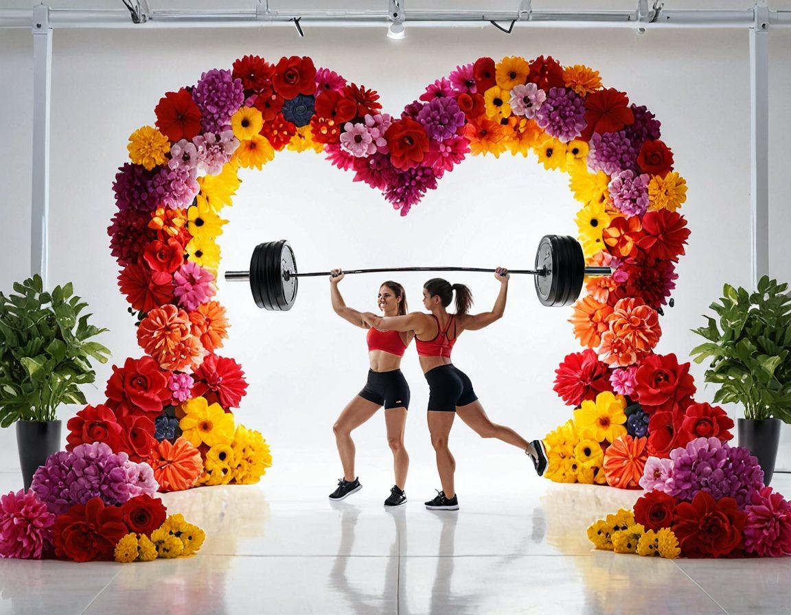 A heart-shaped barbell symbolizing strength in both fitness and love, surrounded by vibrant flowers signifying growth. A couple working out together in the background, sharing smiles and laughter, emphasizing the bond through fitness. Bright, motivational colors with elements of nature integrated to show harmony. super-realistic. vibrant colors. white background.